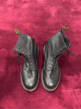 Dr. Martens Black Leather 8-Eye Lace-Up Boots with Yellow Stitching